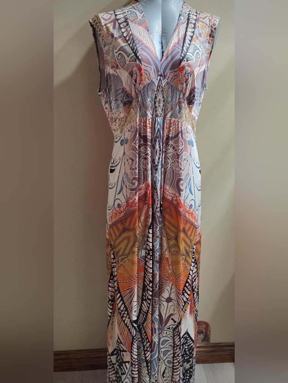 $60 New Boho Printed V-Neck Women’s Dress in Brown & Blue Sz L - Picture 2 of 11